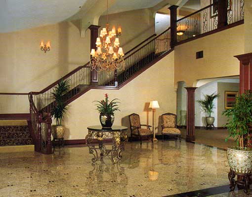 Various plants enhance the entry way of a hotel